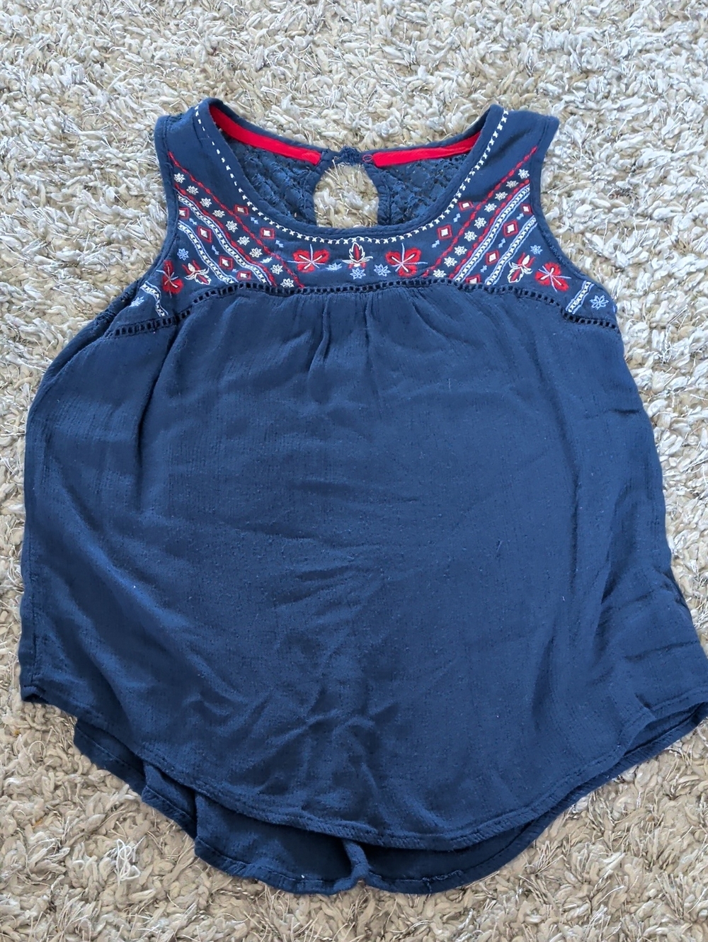 Xhilaration Navy Sleeveless Tank with Red & White Embroidery